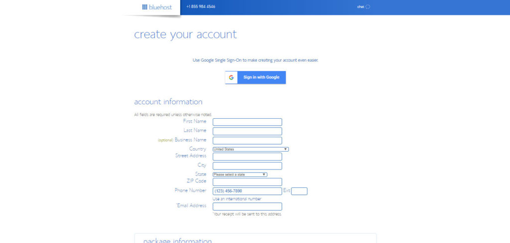 Bluehost create your account