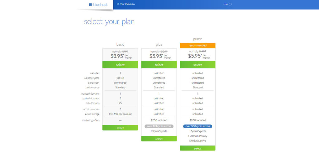 Select your Bluehost Plant