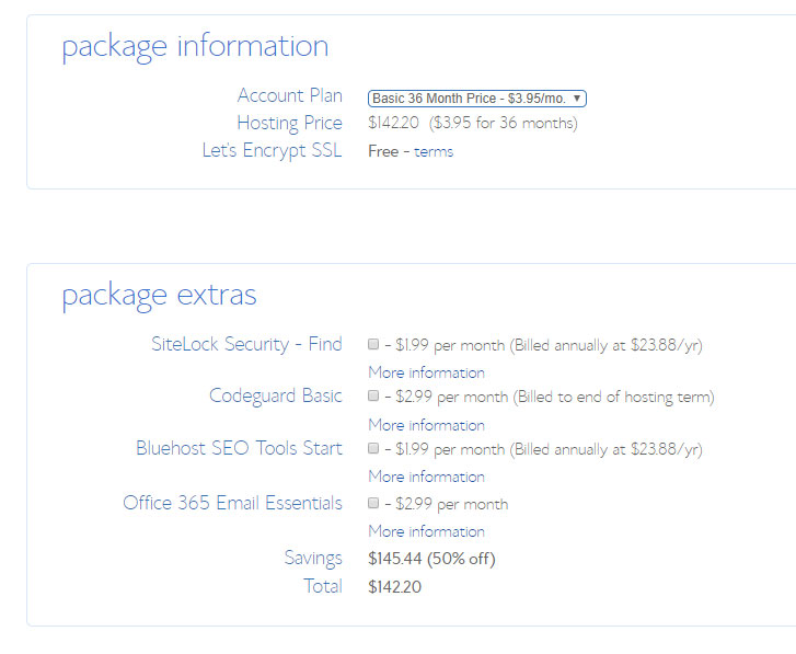 Bluehost package plan
