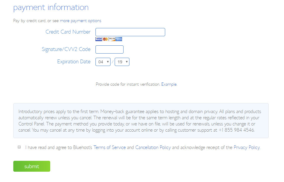 Bluehost Payment details